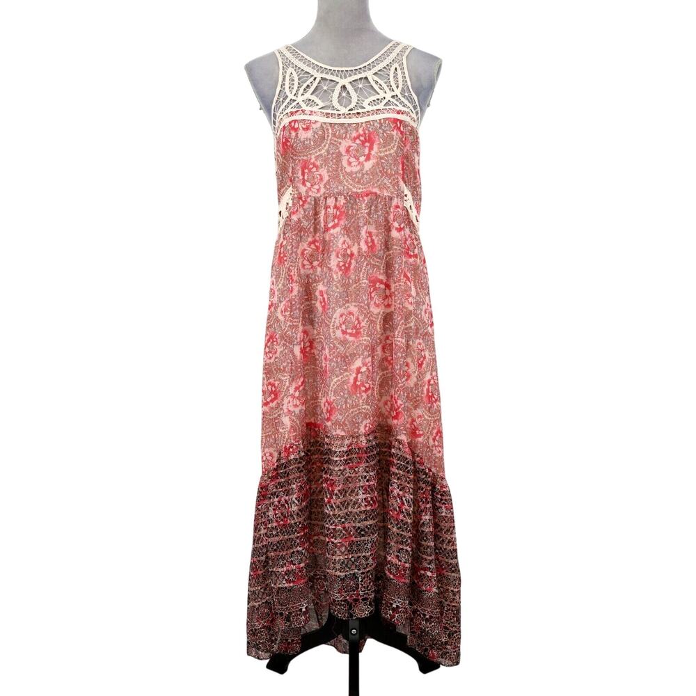 Free People Dress Womens 10 Ivory Red Pink Chiffon Maxi Floral Lace Trim Lined